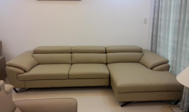 sofa góc da màu ghi kem SF 25